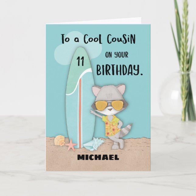 Age 11 Cousin Birthday Beach Funny Cool Racoon  Card (Front)