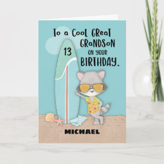Age 13 Great Grandson Birthday Beach Funny Racoon Card