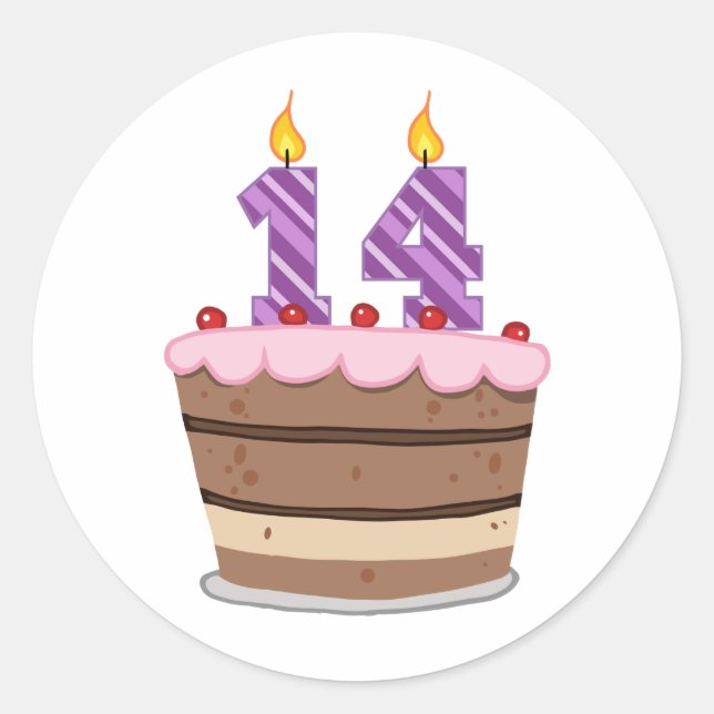 Age 14 on Birthday Cake Classic Round Sticker (Front)