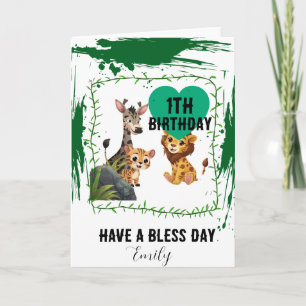 Age 1 green Jungle animals birthday  Card