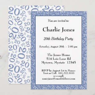 Age 20 Random Number Pattern Blue/White 20th Invitation