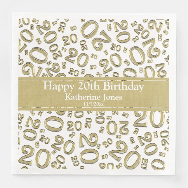 Age 20 Random Number Pattern Gold/White Napkin (Front)