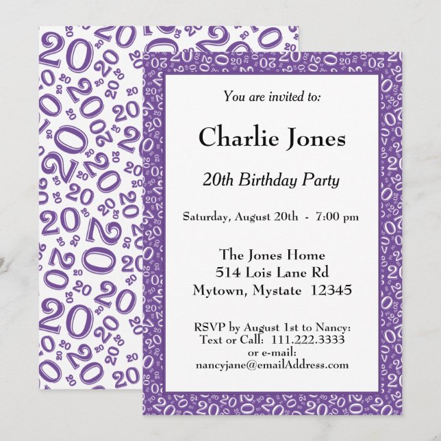 Age 20 Random Number Pattern Putple/White 20th Invitation (Front/Back)