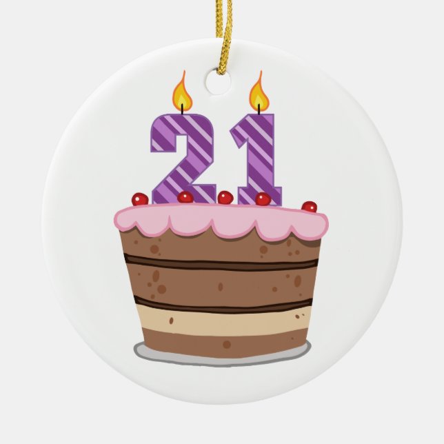 Age 21 on Birthday Cake Ceramic Tree Decoration (Front)