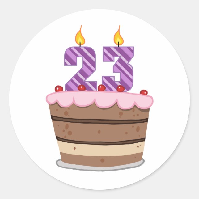 Age 23 on Birthday Cake Classic Round Sticker (Front)