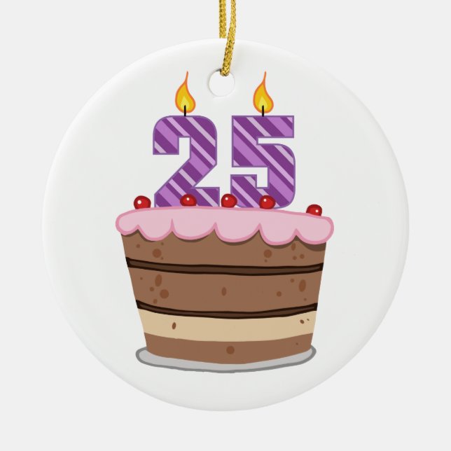 Age 25 on Birthday Cake Ceramic Tree Decoration (Front)