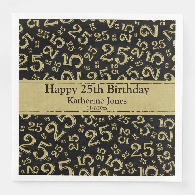Age 25 Random Number Pattern Black/Gold Napkin (Front)