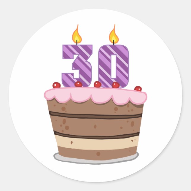 Age 30 on Birthday Cake Classic Round Sticker (Front)