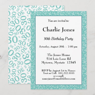 Age 30 Random Number Pattern Teal/White 30th Invitation