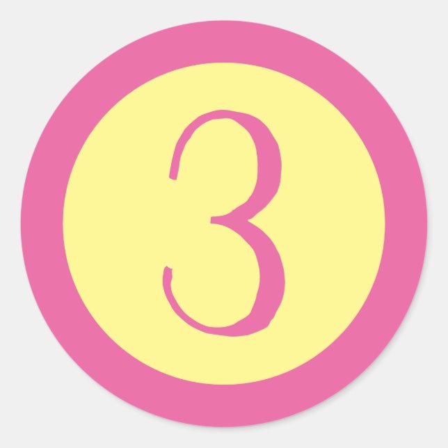 Age 3 Number Customisable Pink Text on Yellow Classic Round Sticker (Front)