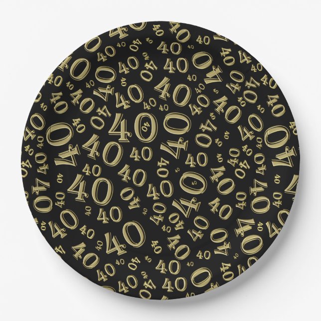 Age 40 Random Number Pattern Black/Gold Paper Plate (Front)