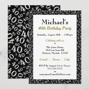 Age 40 Random Number Pattern Black/White 40th Invitation