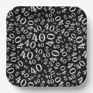 Age 40 Random Number Pattern Black/White Paper Plate