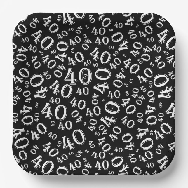 Age 40 Random Number Pattern Black/White Paper Plate (Front)