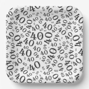 Age 40 Random Number Pattern Black/White Paper Plate