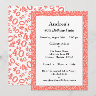 Age 40 Random Number Pattern Coral/White 40th Invitation