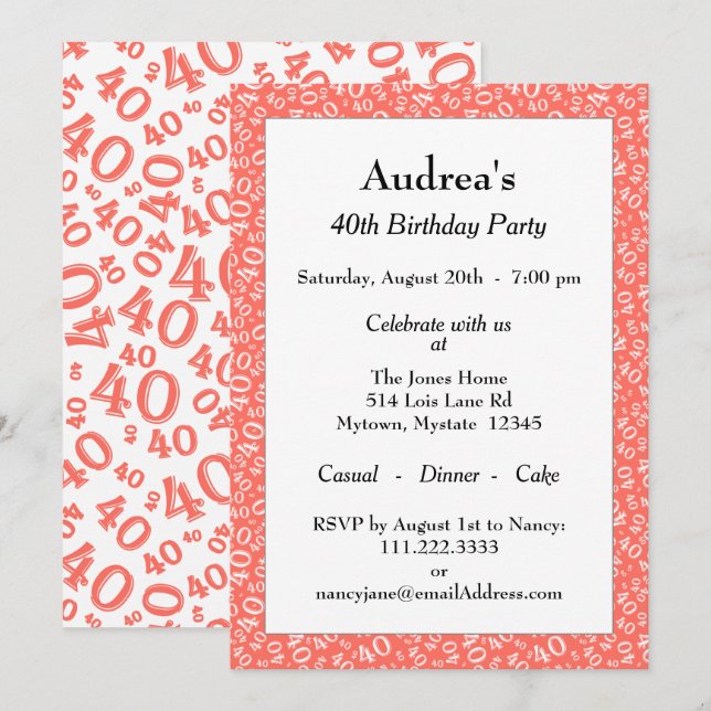 Age 40 Random Number Pattern Coral/White 40th Invitation (Front/Back)