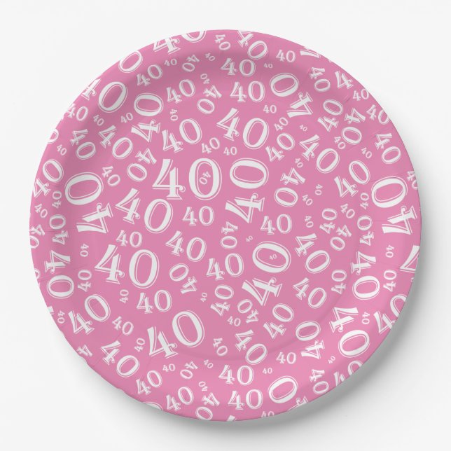 Age 40 Random Number Pattern Pink/White Paper Plate (Front)