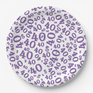 Age 40 Random Number Pattern Purple/White Paper Plate