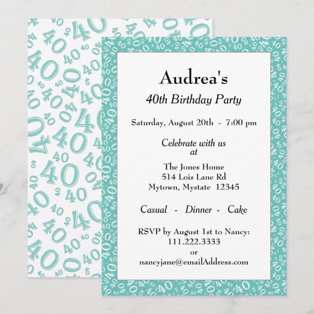 Age 40 Random Number Pattern Teal/White 40th Invitation (Front/Back)