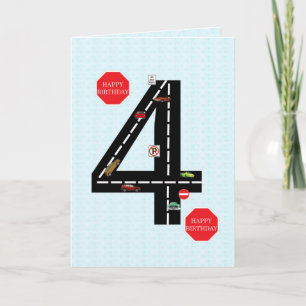 Age 4, 4th birthday, toy cars and road card