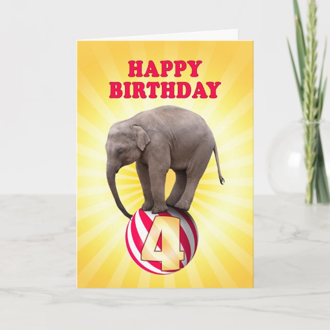 Age 4, a happy elephants birthday card (Front)