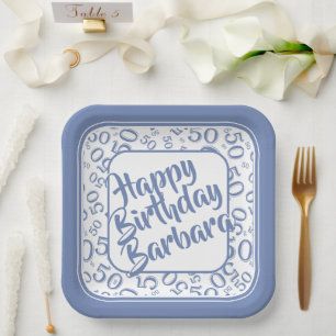 Age 50 Random Number Pattern Blue/White Paper Plate