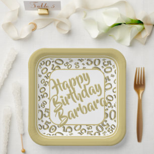 Age 50 Random Number Pattern Gold/White Paper Plate