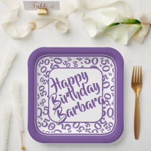 Age 50 Random Number Pattern Purple/White Paper Plate