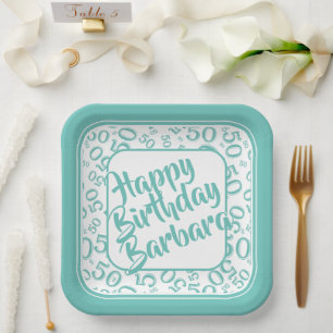 Age 50 Random Number Pattern Teal/White Paper Plate