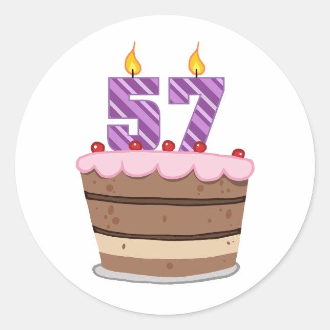 Age 57 on Birthday Cake Classic Round Sticker (Front)