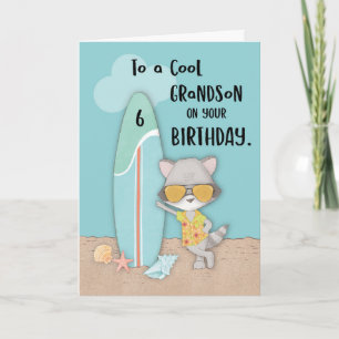 Age 6 Grandson Birthday Beach Funny Cool Racoon Card
