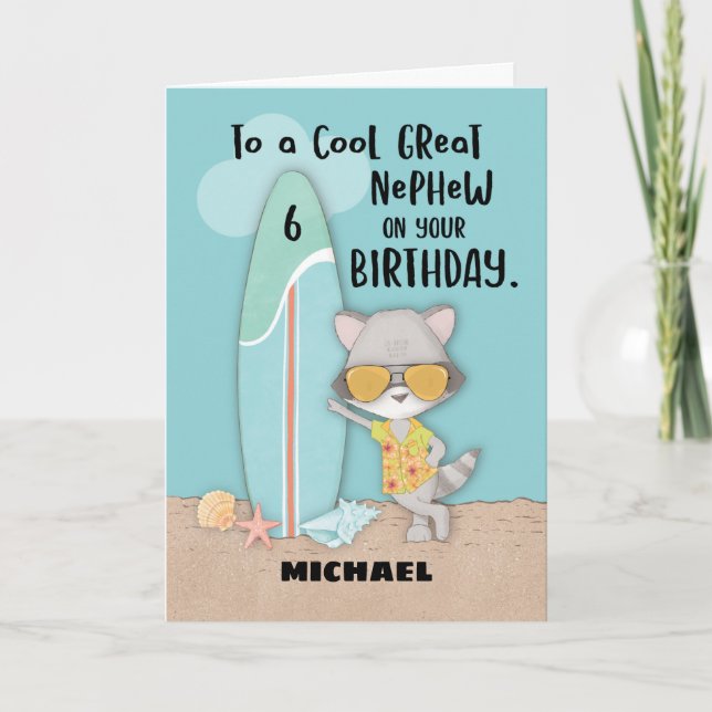 Age 6 Great Nephew Birthday Beach Funny Racoon Card (Front)