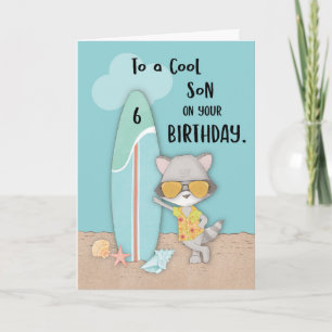 Age 6 Son Birthday Beach Funny Cool Racoon Card