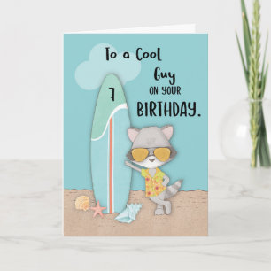 Age 7 Guy Birthday Beach Funny Cool Racoon  Card