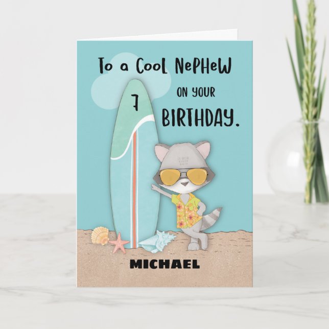 Age 7 Nephew Birthday Beach Funny Cool Racoon  Card (Front)