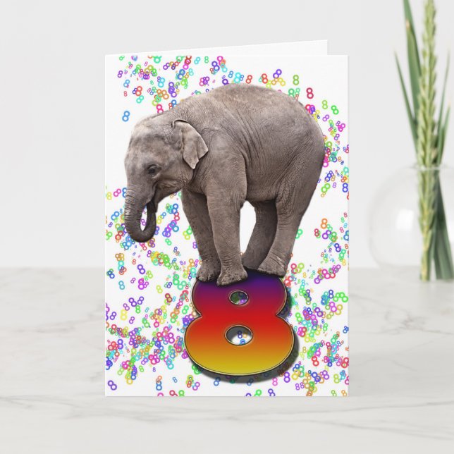 Age 8, a happy elephants birthday card (Front)
