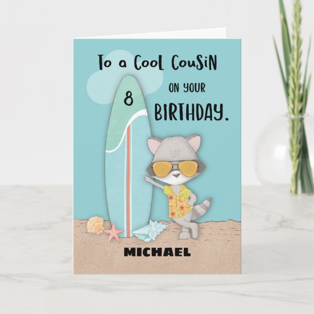 Age 8 Cousin Birthday Beach Funny Cool Racoon  Card (Front)