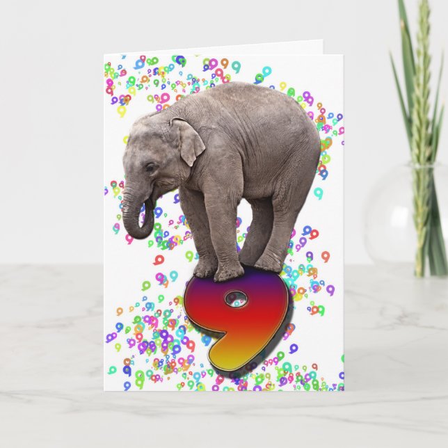Age 9, a happy elephants birthday card (Front)