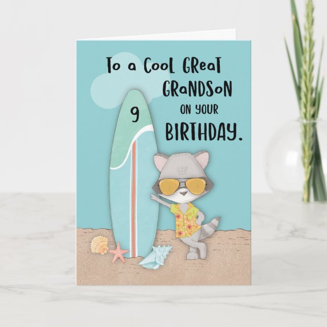 Age 9 Great Grandson Birthday Beach Funny Racoon Card (Front)