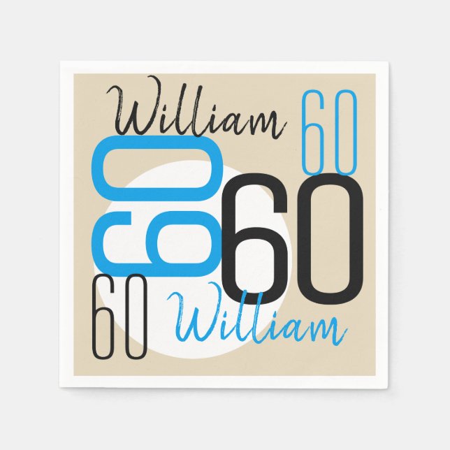 Age and Name 60th Birthday Blue Beige Napkin (Front)