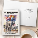 Age is Irrelephant Elephants Funny Birthday Card<br><div class="desc">Funny birthday card lettered with elephant themed play on words "age is irrelephant". You can personalise the card front and the message inside. Design features watercolor illustration of elephants on the savannah with colourful birthday balloons drifting into the sky. Fun card with light-hearted, age related humour for friend or relative...</div>