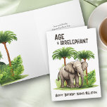 Age is Irrelephant Funny Elephant Happy Birthday Card<br><div class="desc">Funny birthday card lettered with "Age is irrelephant" and your personalised text on the front. Design features a handsome elephant framed with tropical palm trees and jungle greenery. You can personalise the birthday greeting inside and also have the option to add a sign off with your name(s) if you wish....</div>