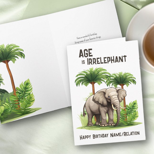 Age is Irrelephant Funny Elephant Happy Birthday Card (Personalized birthday card with funny age pun and elephant play on words)