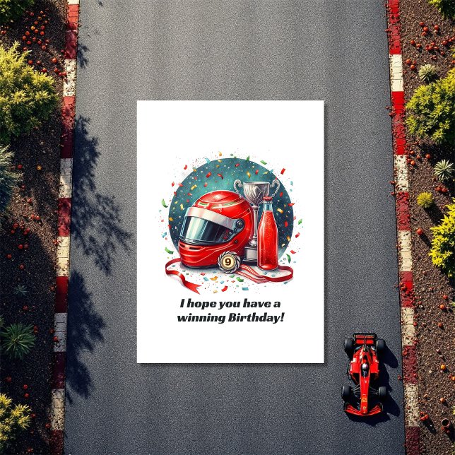 Age Monogram Race Car Birthday Winning Celebration Card (Race Car Helmet Birthday – Winning Celebration Card.)