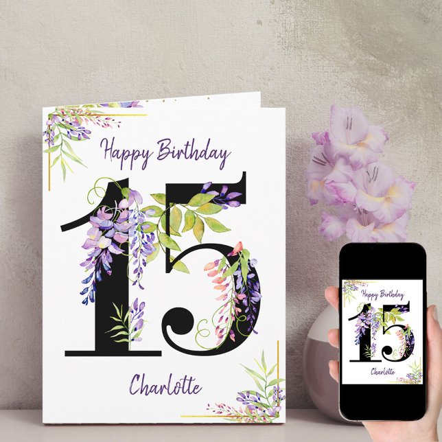 Age Number 15 Floral Personalised 15th Birthday Card (15th Birthday Card from my Purple Wisteria Quinceanera Collection)