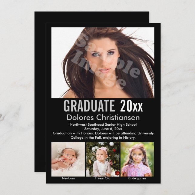 Age Progression Photo Black Modern Graduation Invitation (Front/Back)