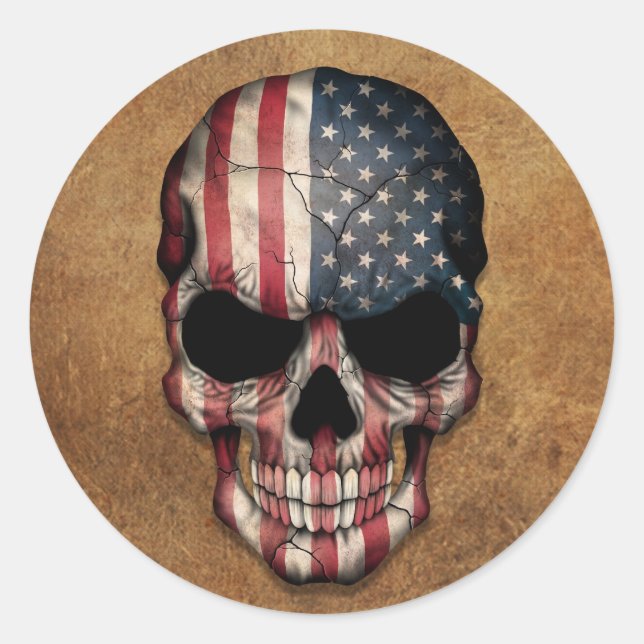 Aged and Worn American Flag Skull Classic Round Sticker (Front)