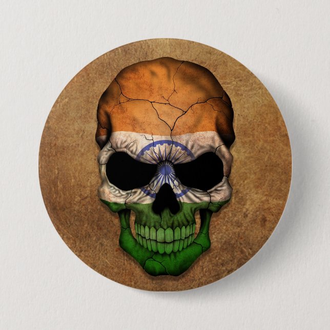 Aged and Worn Indian Flag Skull 7.5 Cm Round Badge (Front)