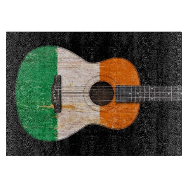 Aged and Worn Irish Flag Acoustic Guitar, black Cutting Board (Front)